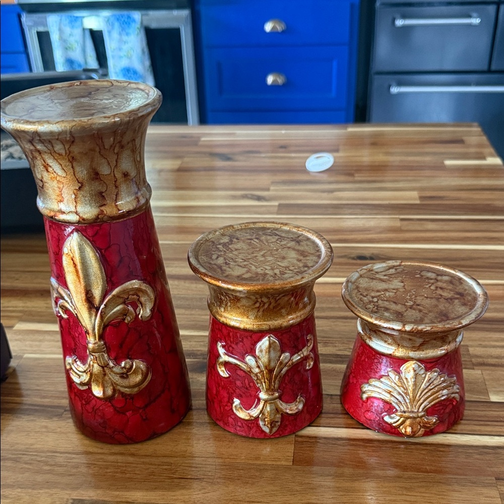 Luxurious Red and Gold Fleur-de-Lis Candle Holders